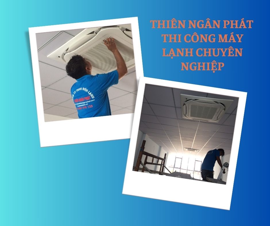 Kỹ thuật viên thực hiện việc lắp đặt máy lạnh âm trần cho khách hàng mang tính thẩm mỹ